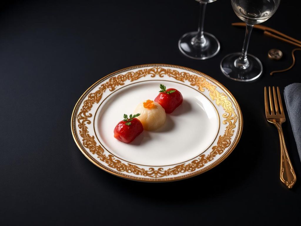 Elegant serverad rätt på guldkantad porslinstallrik