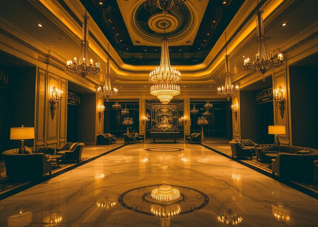 Marmorlobby med kristallkronor i ett lyxhotell