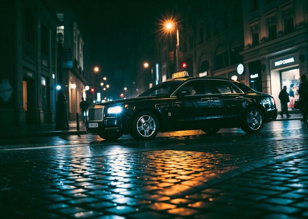Svart lyxtaxi på regnvåt kullerstensgata om natten